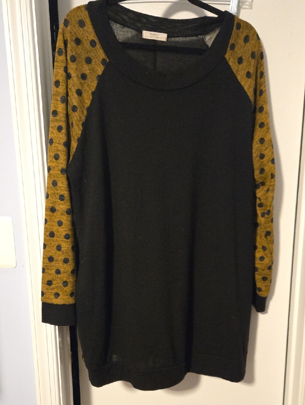 Long Sleeve Black Top with Mustard Polka Dot Sleeves